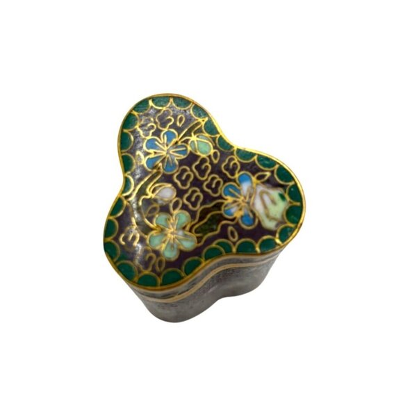 VTG Asian Cloisonné Enamel Trefoil Shape Curiosity Piece with Lid Floral Design - Picture 6 of 10